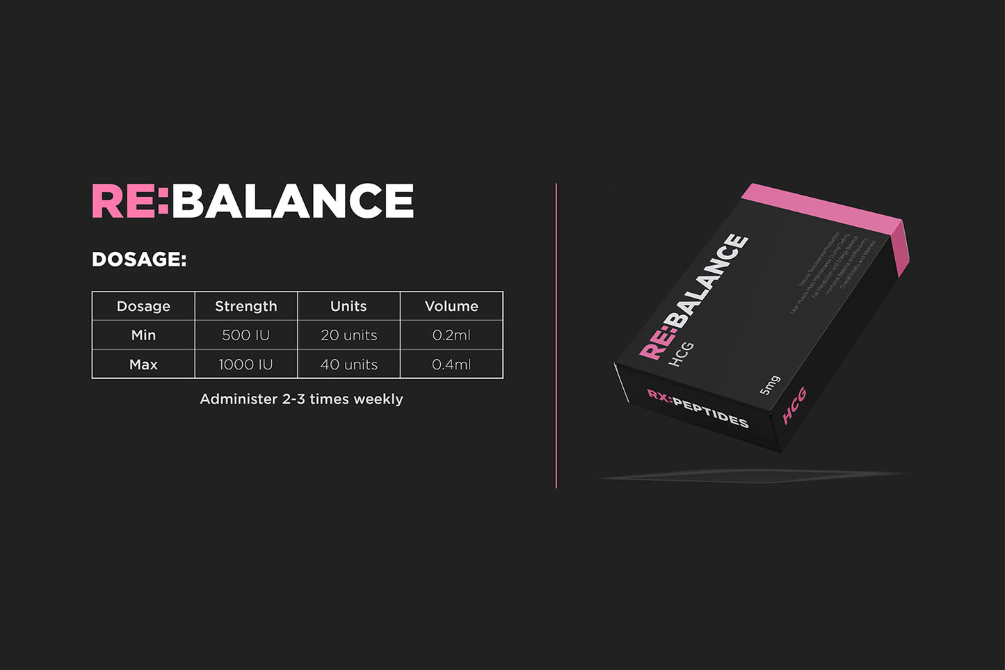 REBALANCE supplement packaging with dosage information on a black background