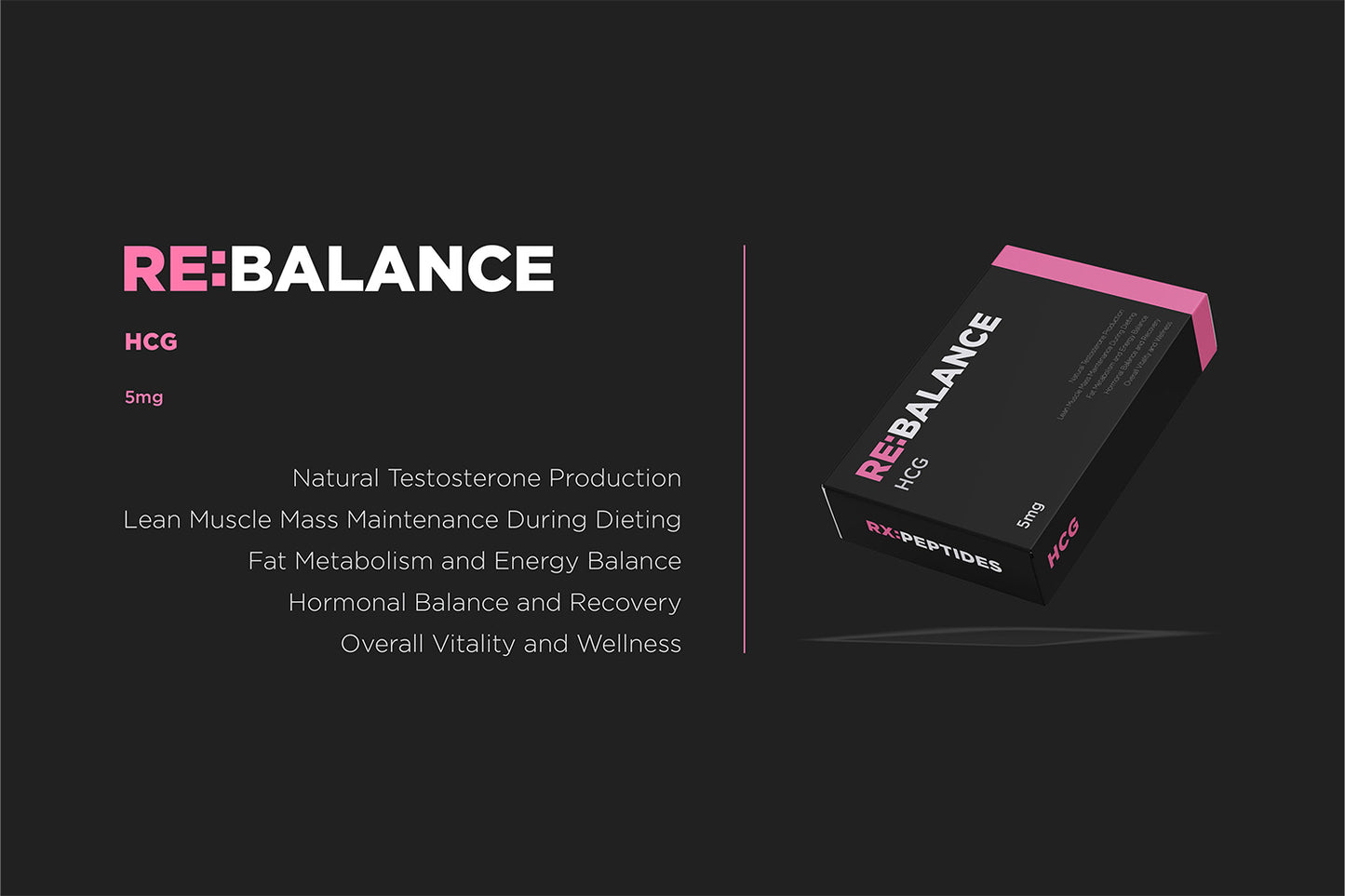 RE:BALANCE HCG packaging on a black background with product details.