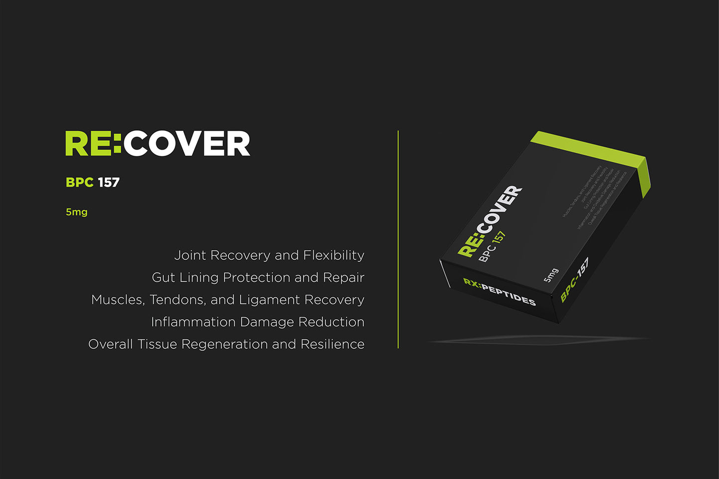 RECOVER BPC 157 packaging on a dark background with product details.