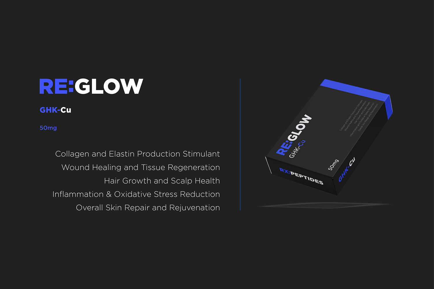 RE:GLOW supplement packaging on a dark background with product details.