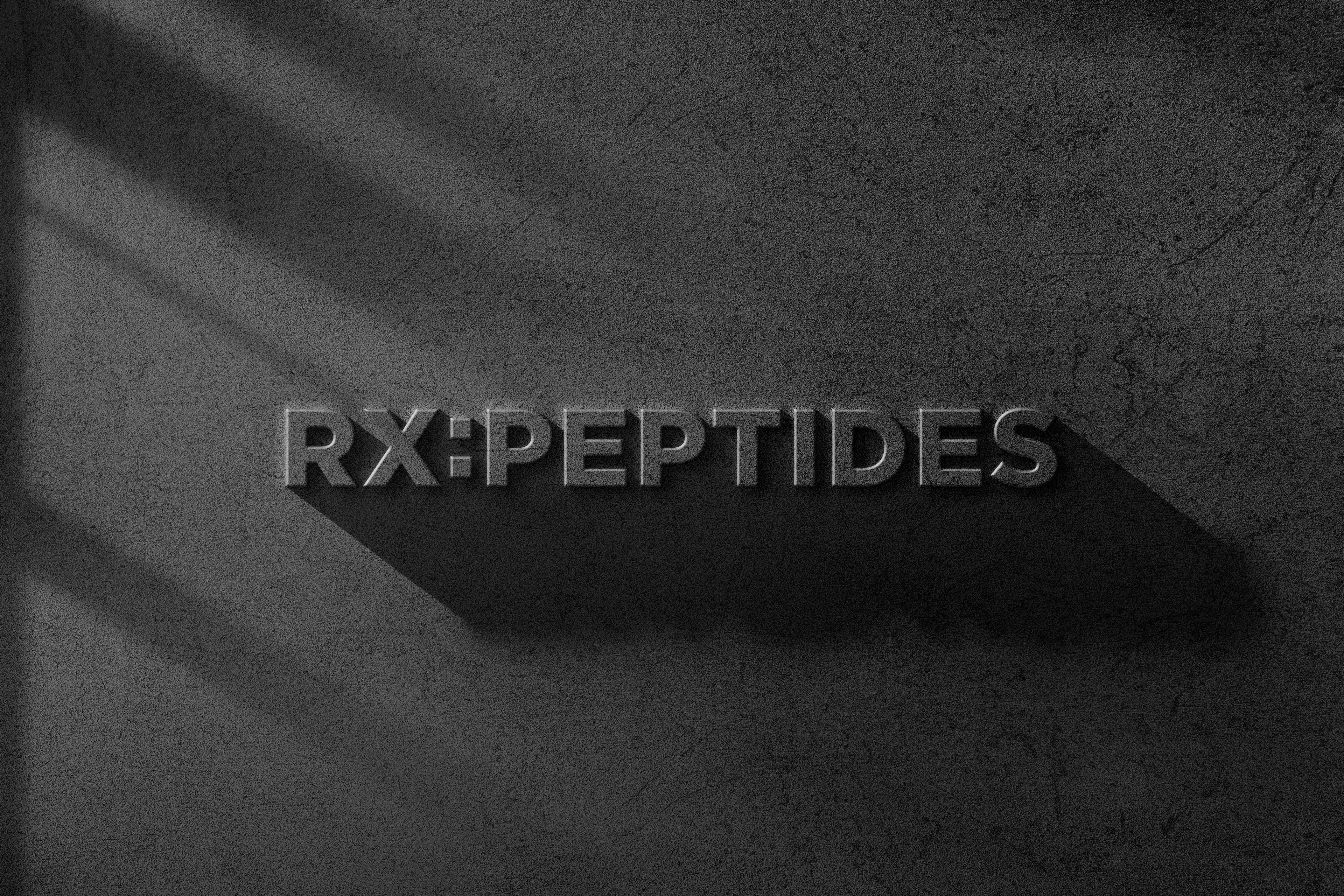 Grey wall with 3D text 'RX:PEPTIDES' in the center
