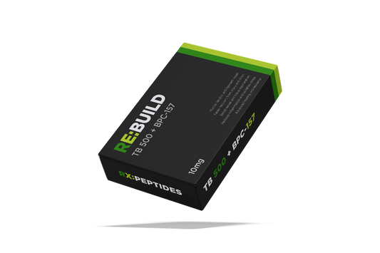Black and green box labeled 'RE:BUILD' with 'RX Peptides' on a white background